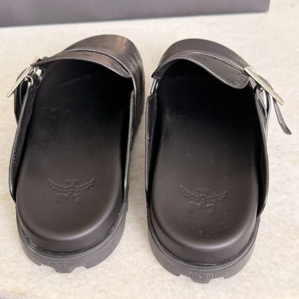 MCM Leather Men's Buckle Clogs (Flat‎ Mule In Black) Sizes 42